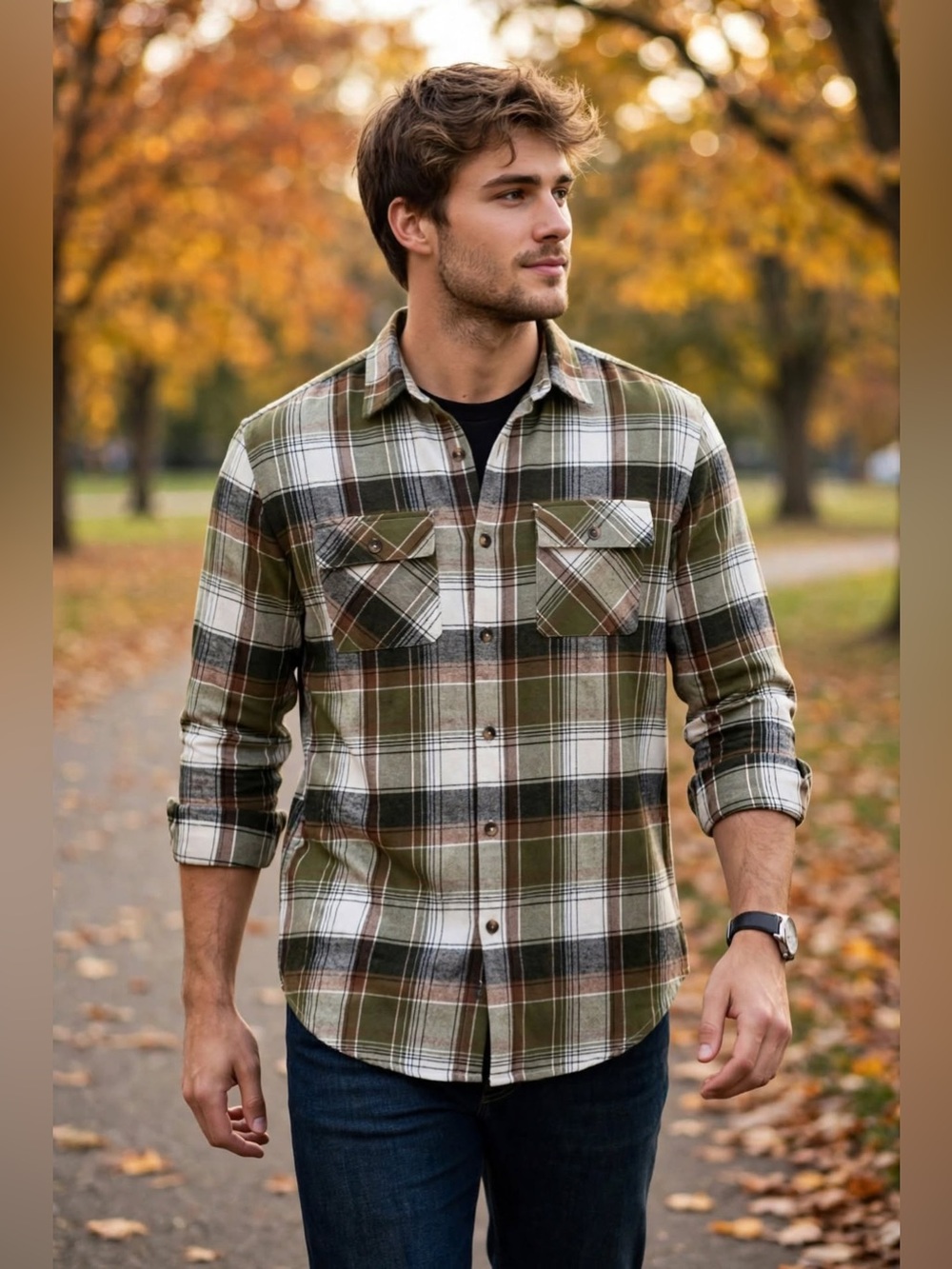Fashion Nova Men's Green Brown Plaid Button-Down Shirt